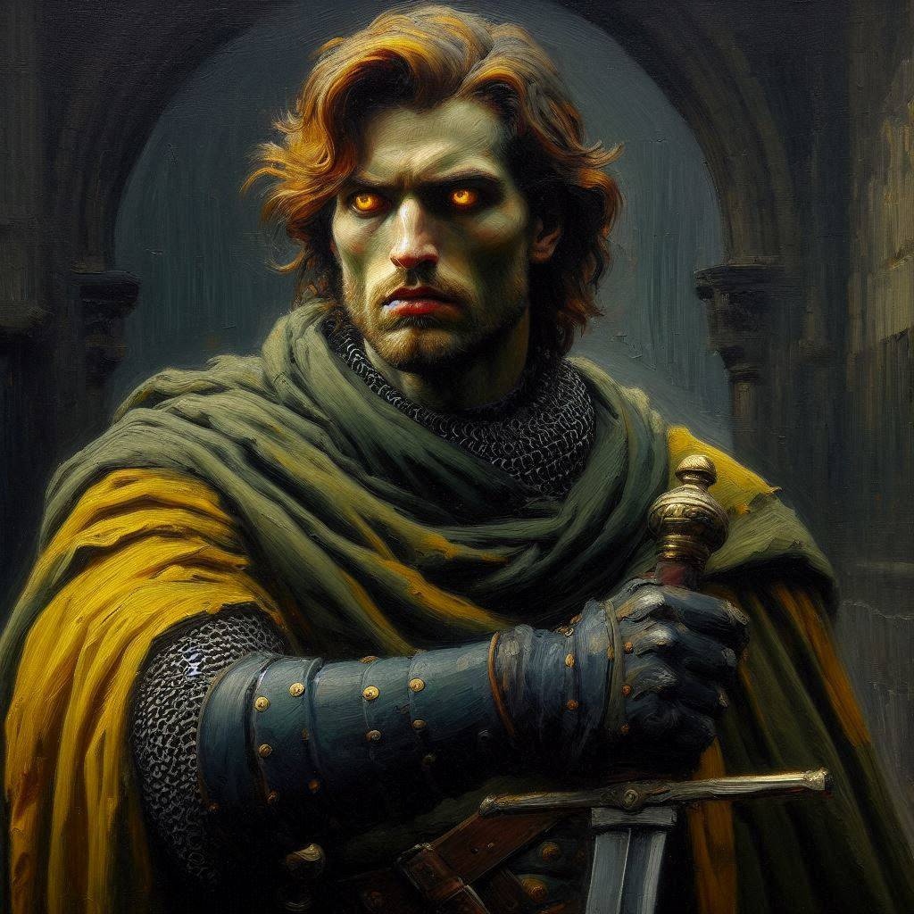 Fantasy portrait of a stern cursed knight with glowing golden eyes gripping a sword, standing before a stone castle arch.