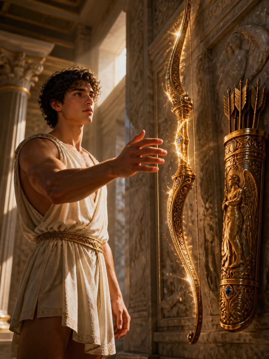 Young Greek god in a linen tunic reaches for a glowing ornate golden bow mounted on a marble temple wall