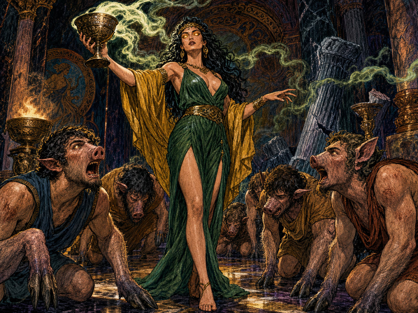 [Sorceress Circe holds a glowing enchanted chalice, surrounded by men transformed into swine in an ancient crumbling Greek...