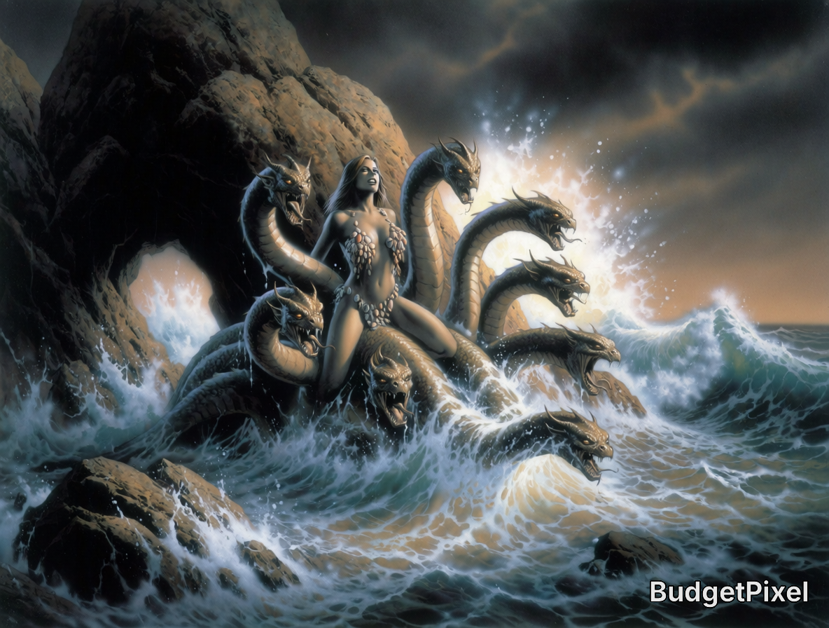 Mythological Scylla sea figure surrounded by snarling multi-headed serpent hydra in stormy coastal surf by rocky sea cliffs.