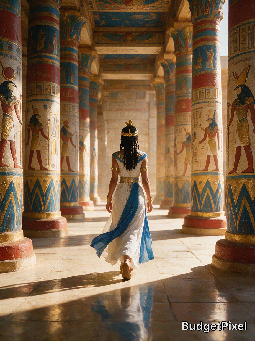 Back view of an Egyptian queen walking through a sunlit ancient temple hall lined with painted hieroglyph columns