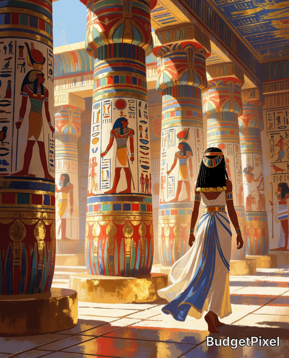 Back view of an ancient Egyptian queen walking through a sunlit temple hall lined with ornate hieroglyph-painted columns