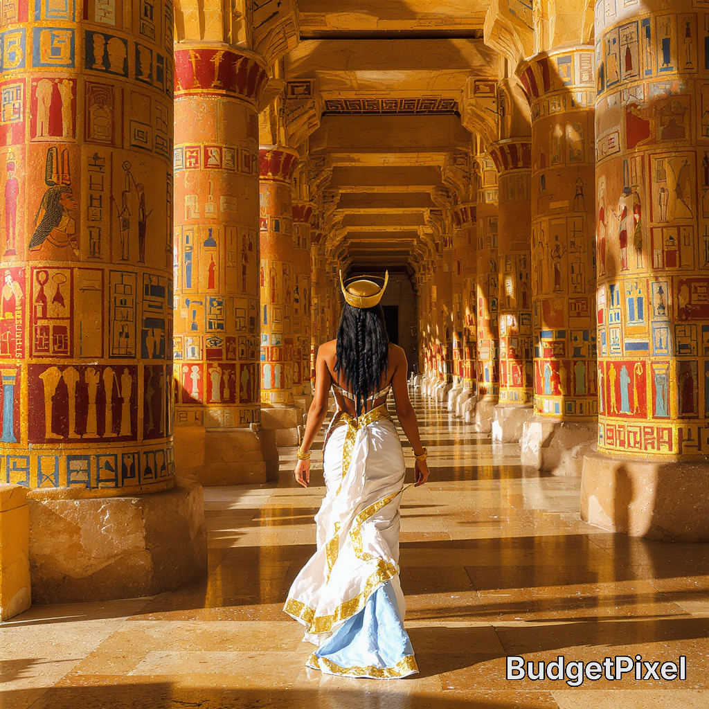 [Back view of an Egyptian queen in royal regalia walking through a sunlit ancient temple corridor lined with hieroglyph-co...