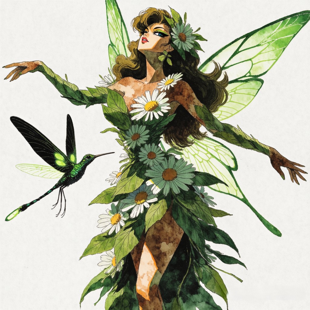Watercolor fantasy illustration of a nature fairy with leaf wings, daisy gown, and a hovering whimsical hybrid hummingbird...