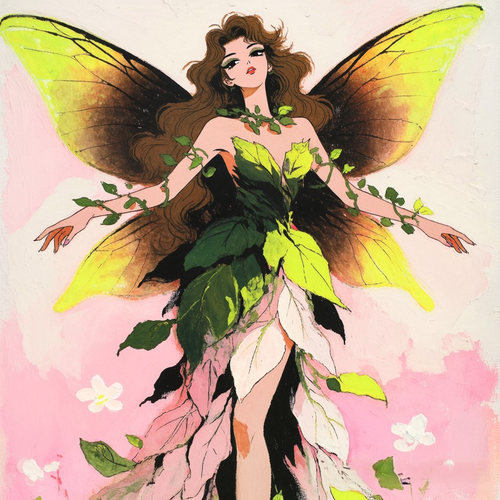 Retro illustrated nature fairy with gradient butterfly wings and leaf dress, arms outstretched against a soft pink floral ...