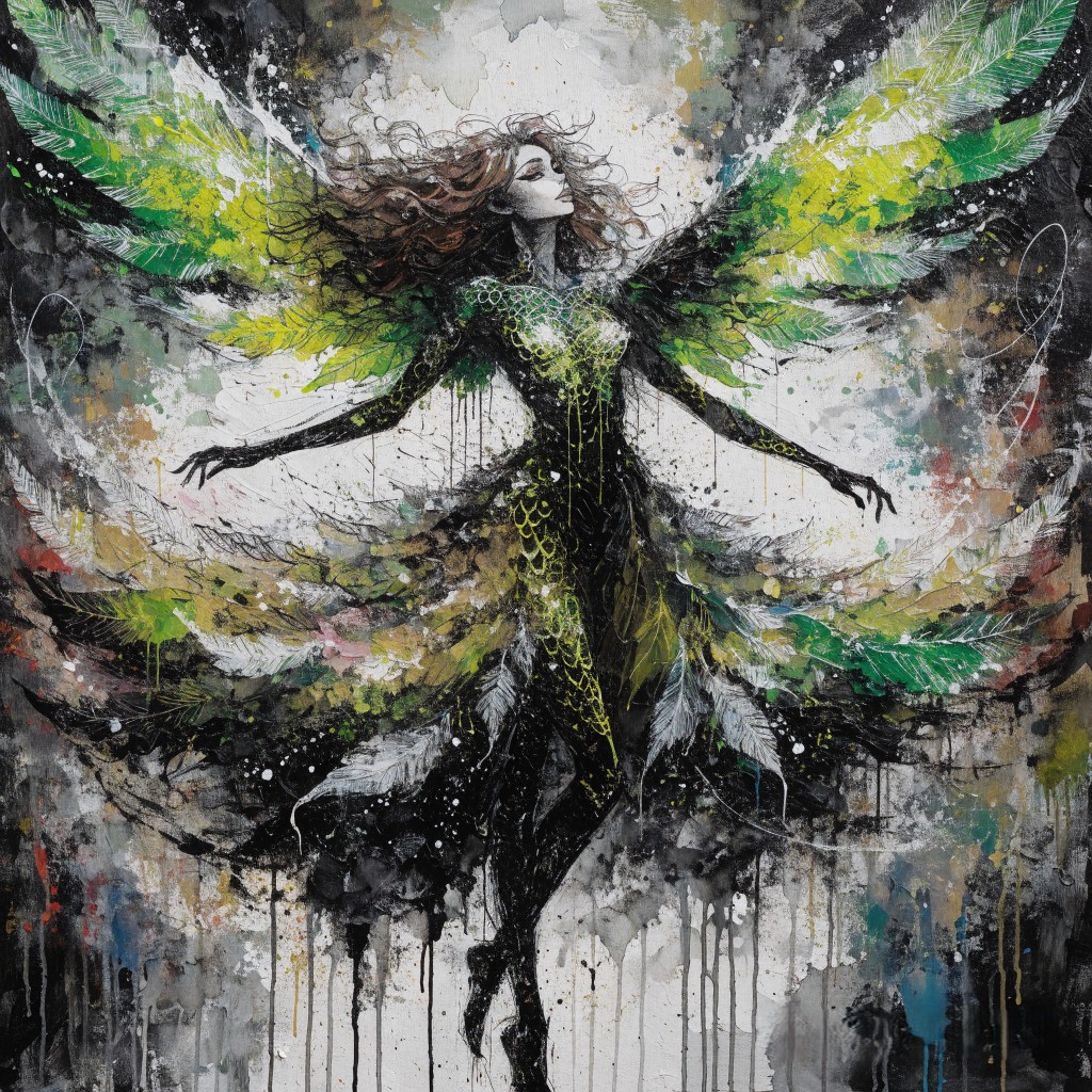 Textured painterly fantasy art of a winged forest fairy with large green feathered wings, outstretched arms, and swirling ...