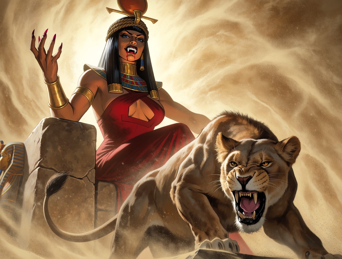 [Menacing vampiric ancient Egyptian queen sits on a stone throne, a snarling lioness guards her amid swirling golden deser...
