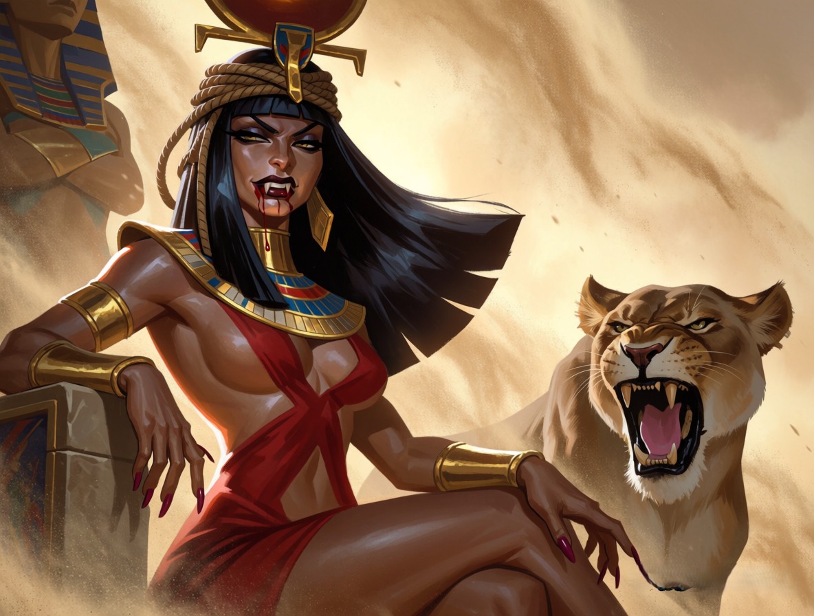 Fantasy art of a fanged Egyptian vampire queen seated beside a snarling lioness in a swirling desert sandstorm.