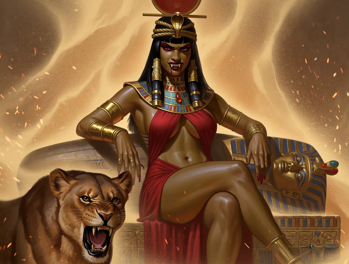 Menacing ancient Egyptian vampire queen seated by a snarling lioness next to a sarcophagus in a swirling desert sandstorm.