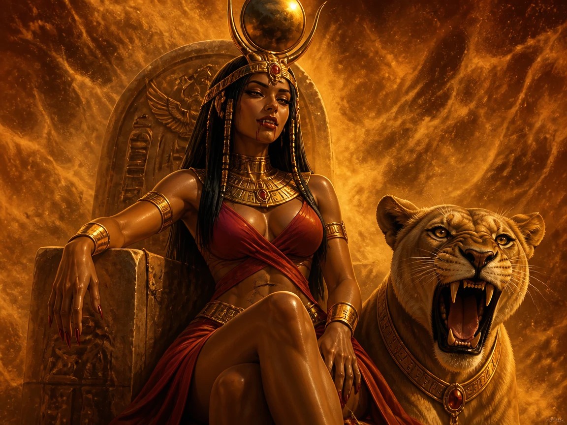 [Vampiric ancient Egyptian queen sits on a carved stone throne beside a roaring gold-collared lioness against a fiery gold...