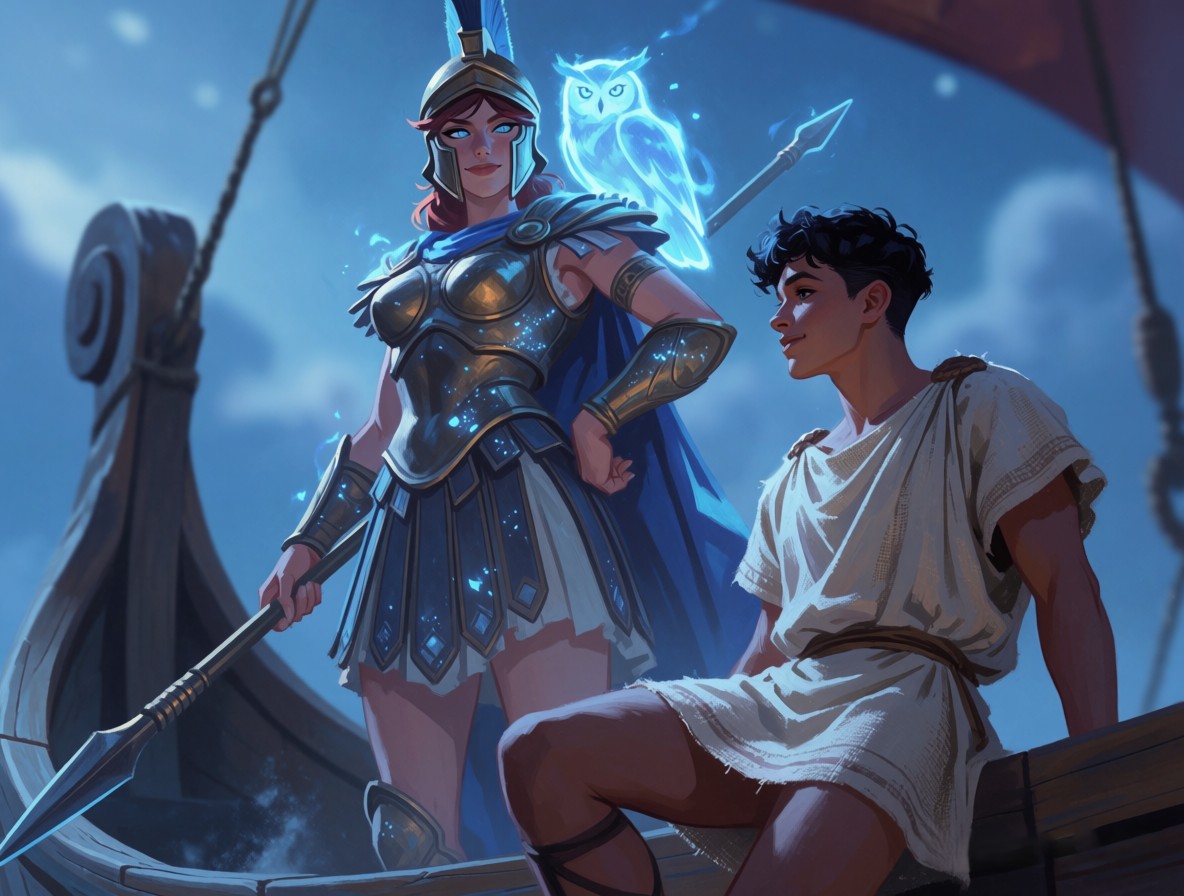 [Goddess Athena with glowing spirit owl stands beside a young Greek hero aboard an ancient wooden galley ship, fantasy ill...