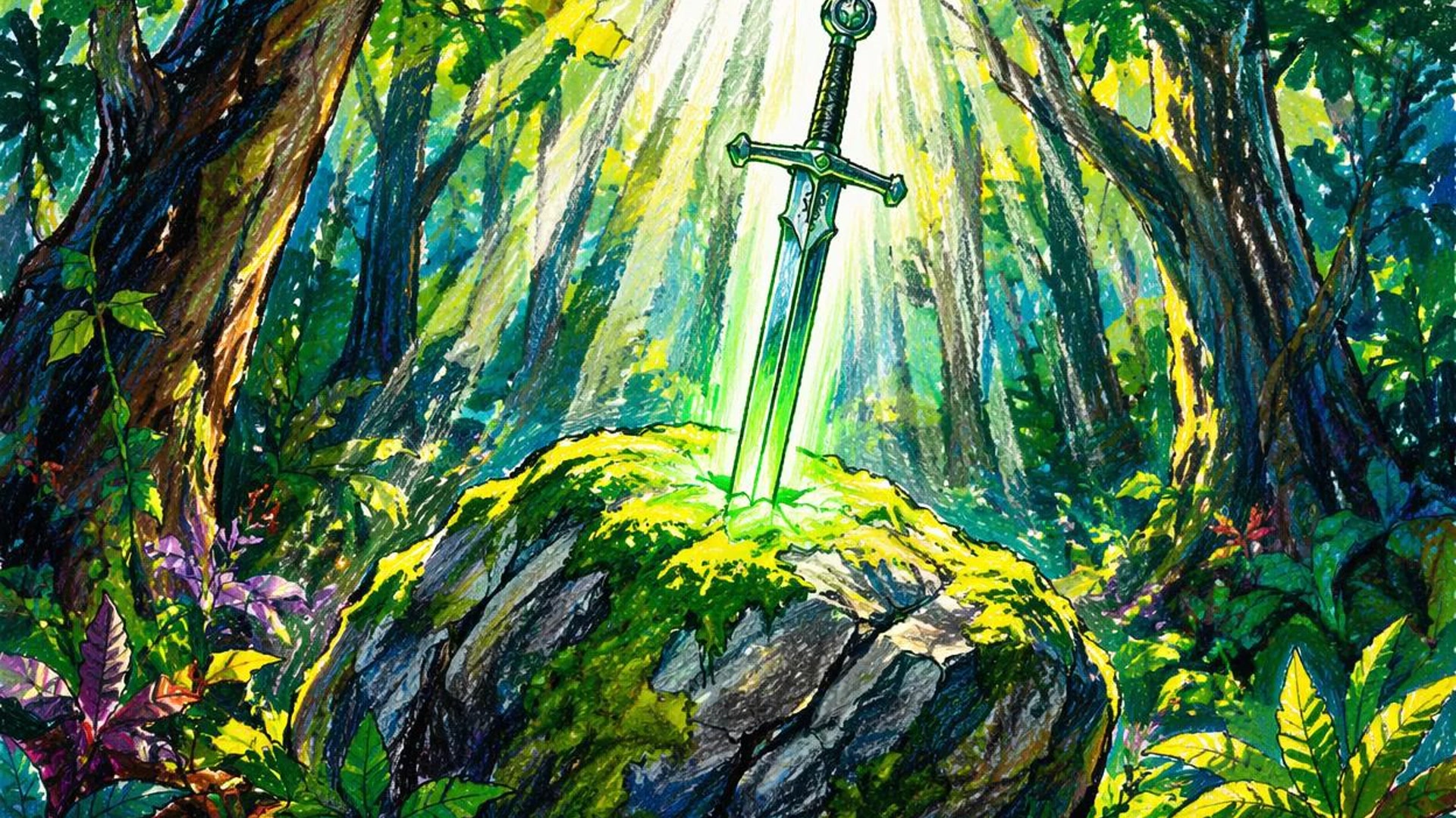 Ornate glowing enchanted sword embedded in a mossy forest boulder, sunbeams filtering through den...