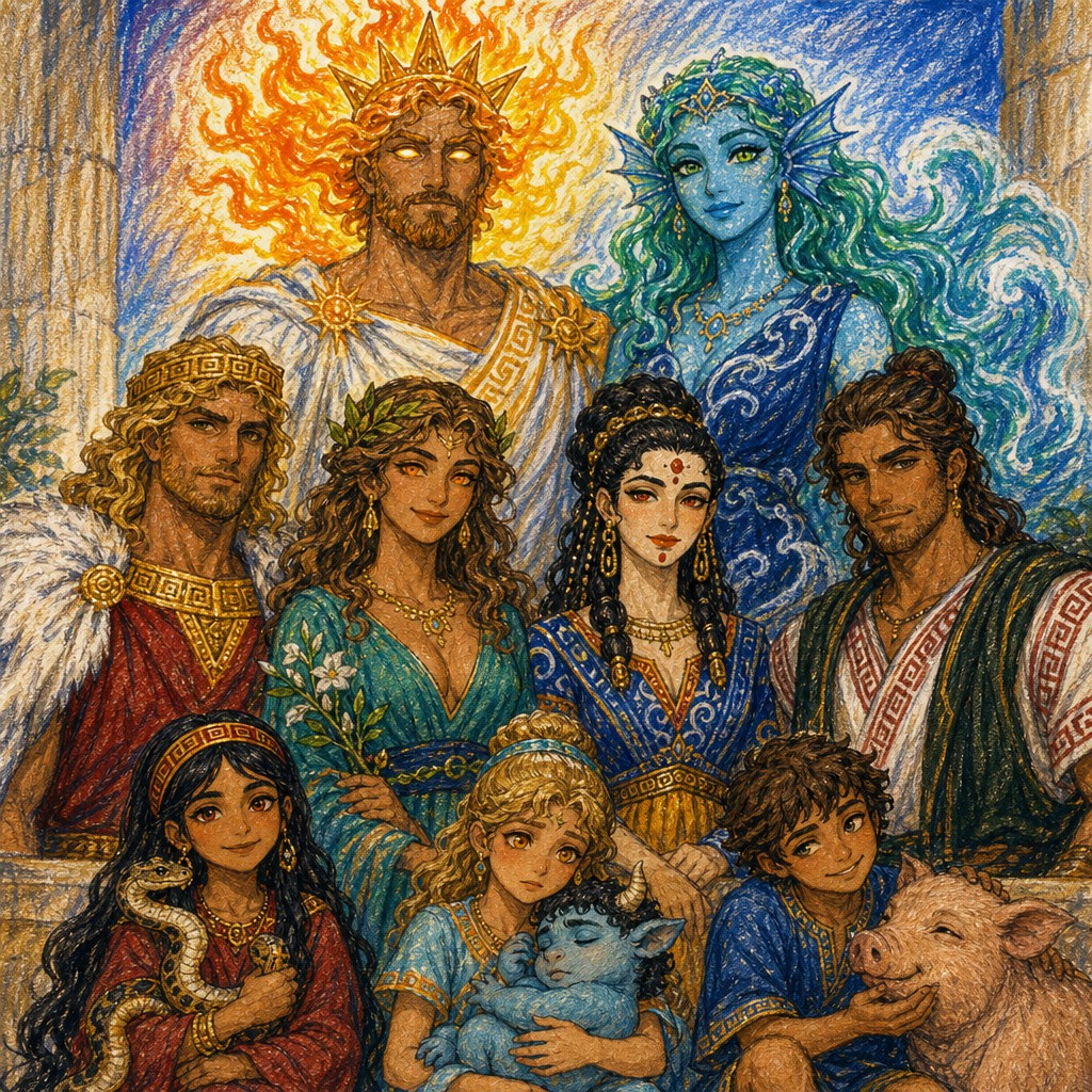 Textured colored pencil group portrait of the Olympian Greek god and goddess pantheon