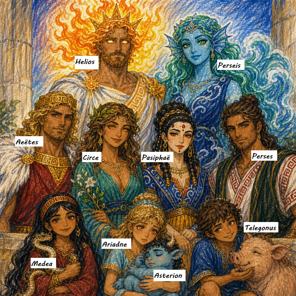 [Labeled illustrated portrait of Greek sun god Helios and his extended divine mythological family, all characters clearly ...