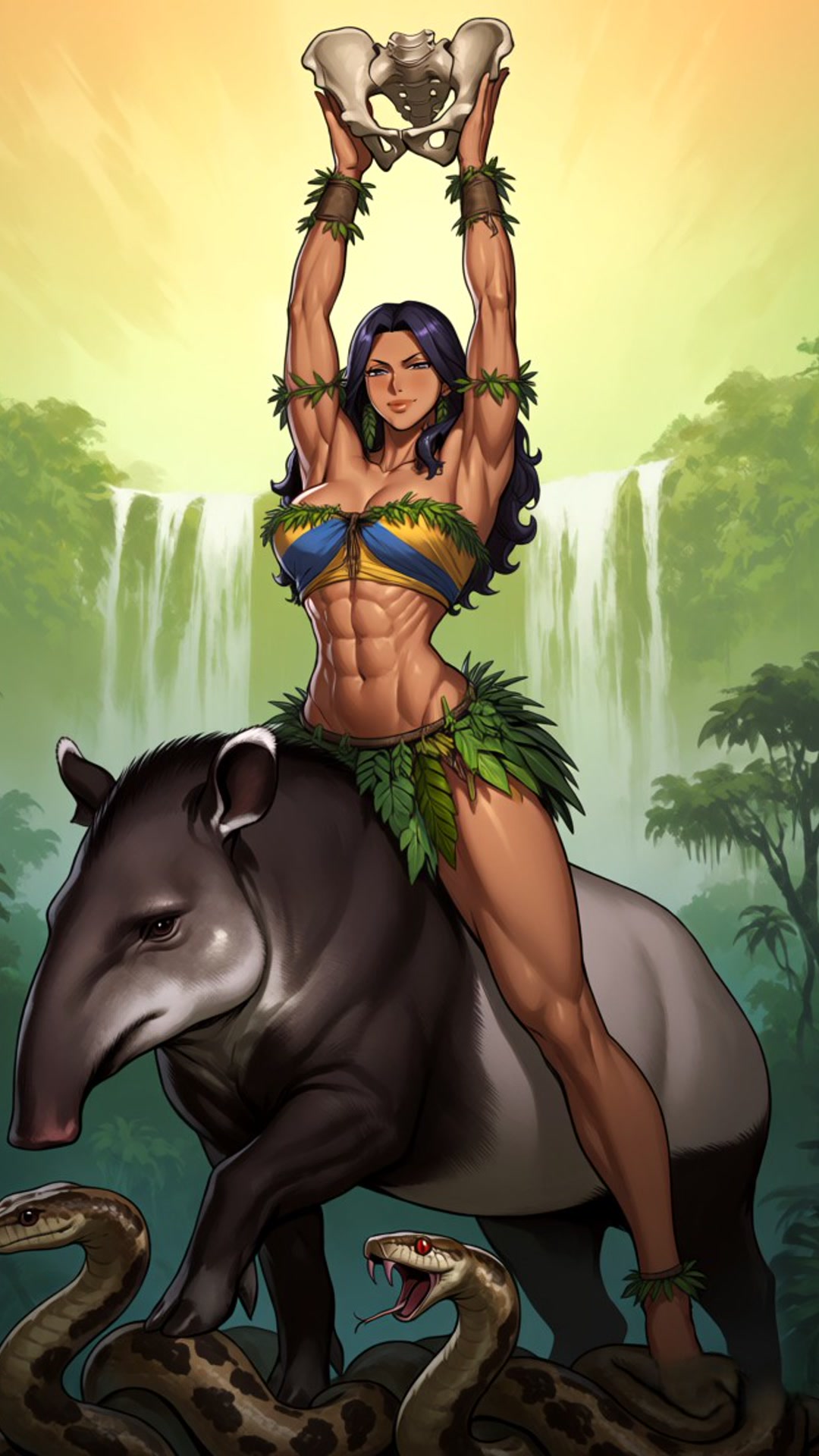 Muscular fantasy jungle anime woman holding a pelvis aloft, standing with a tapir and snakes befo...