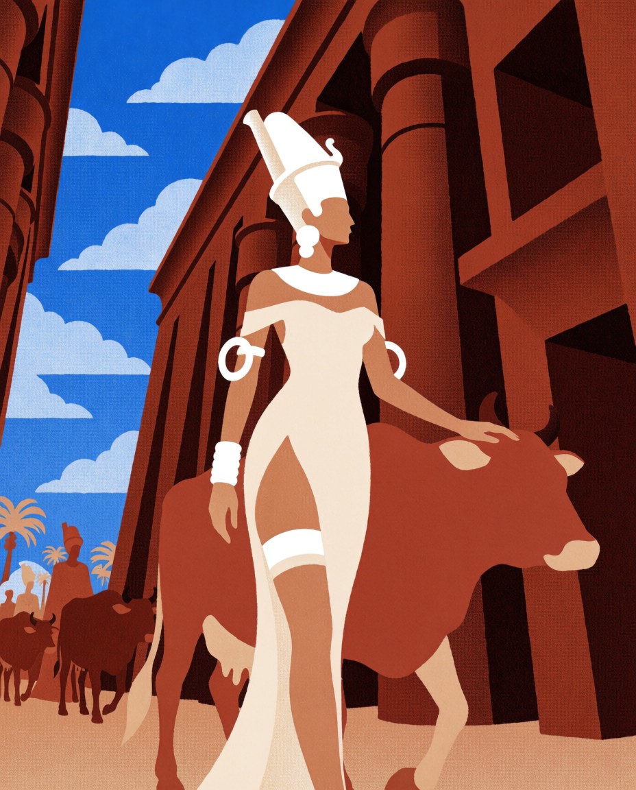 [Stylized flat illustration of ancient Egyptian royal woman standing with a sacred bull outside a columned sandstone templ...