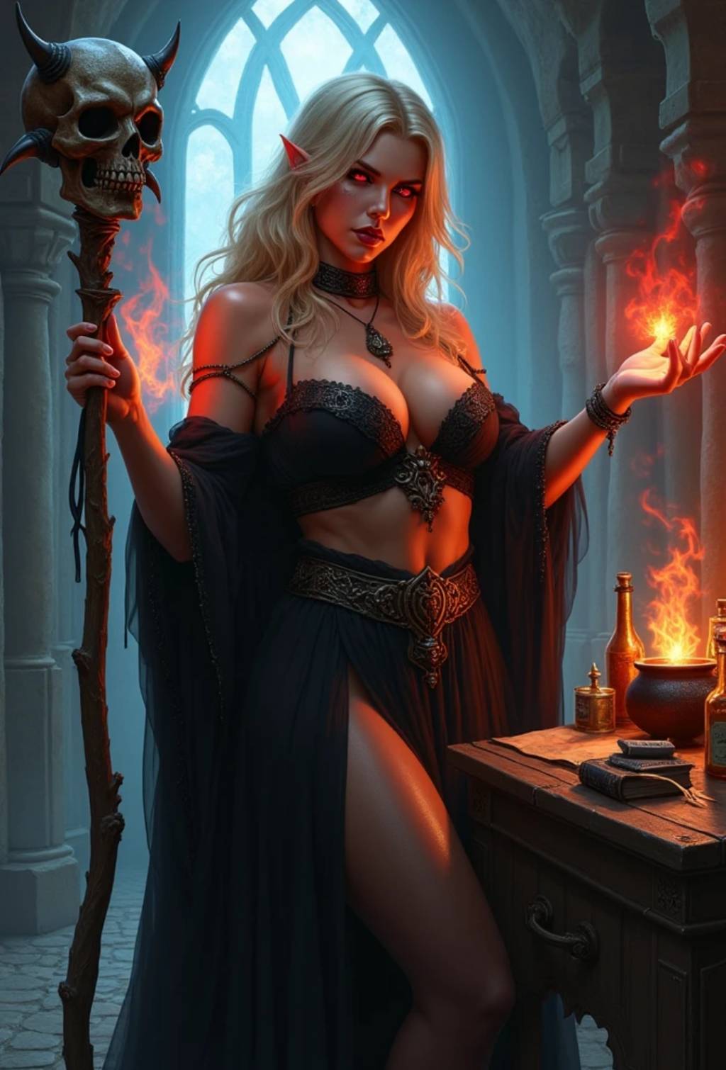 Blonde elven sorceress with glowing red eyes holds a horned skull staff and conjures flame in a gothic alchemy chamber.