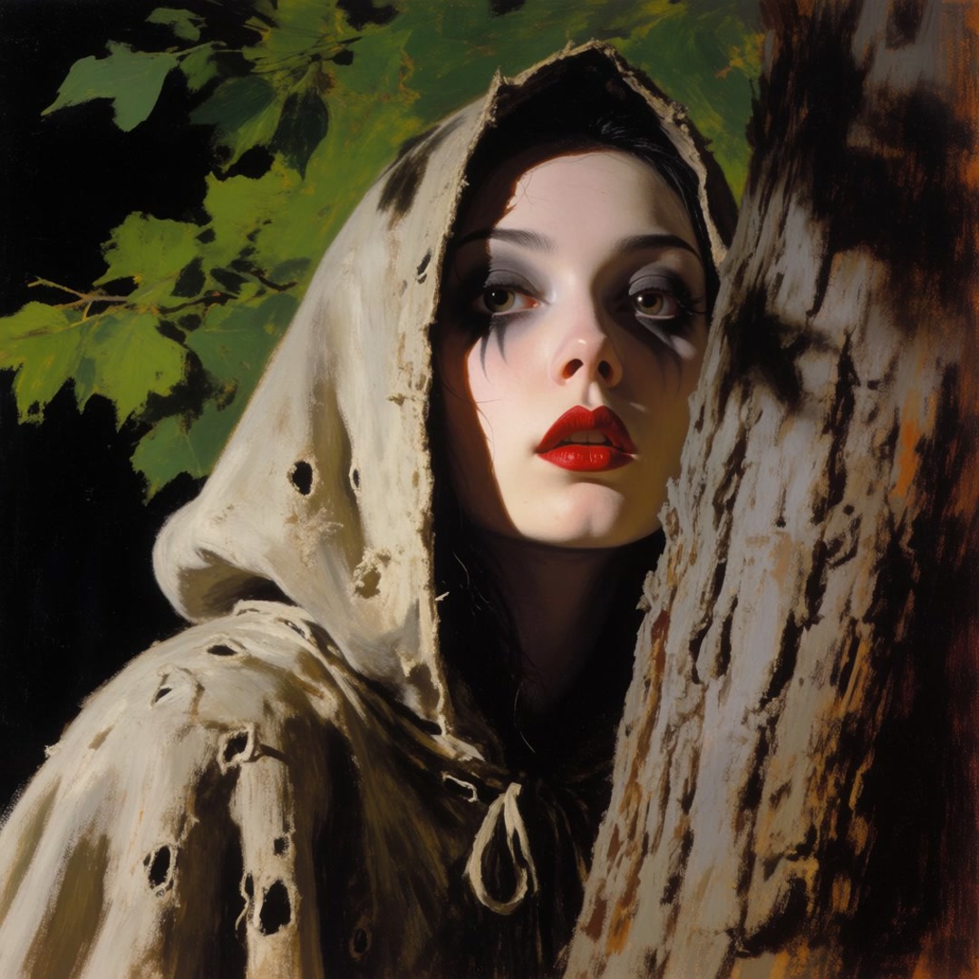Oil painting of a hooded gothic woman with tear-streaked makeup peeking from behind a forest tree.