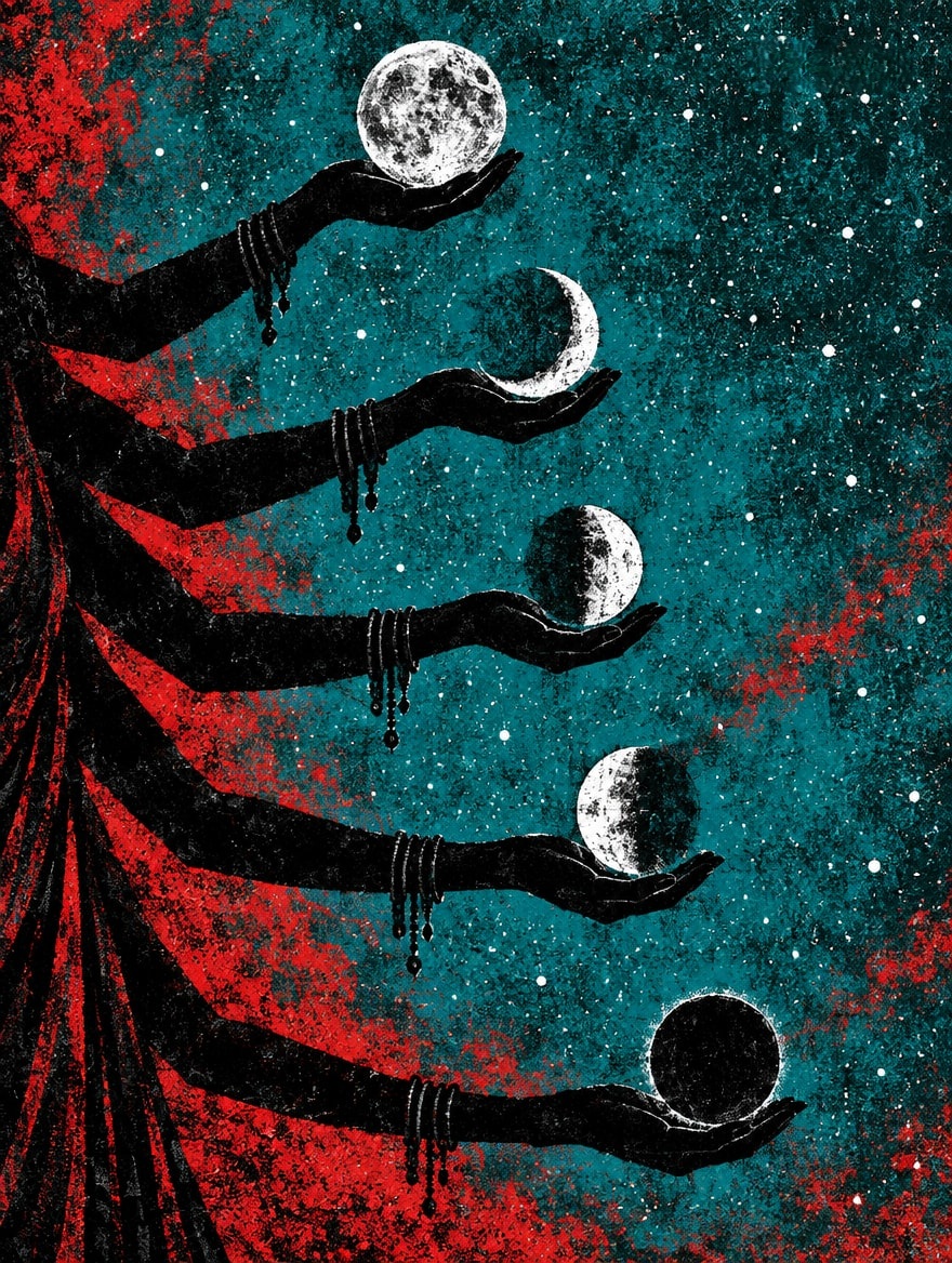 Multi-armed celestial goddess holds sequential moon phases against a textured starry cosmic night sky.