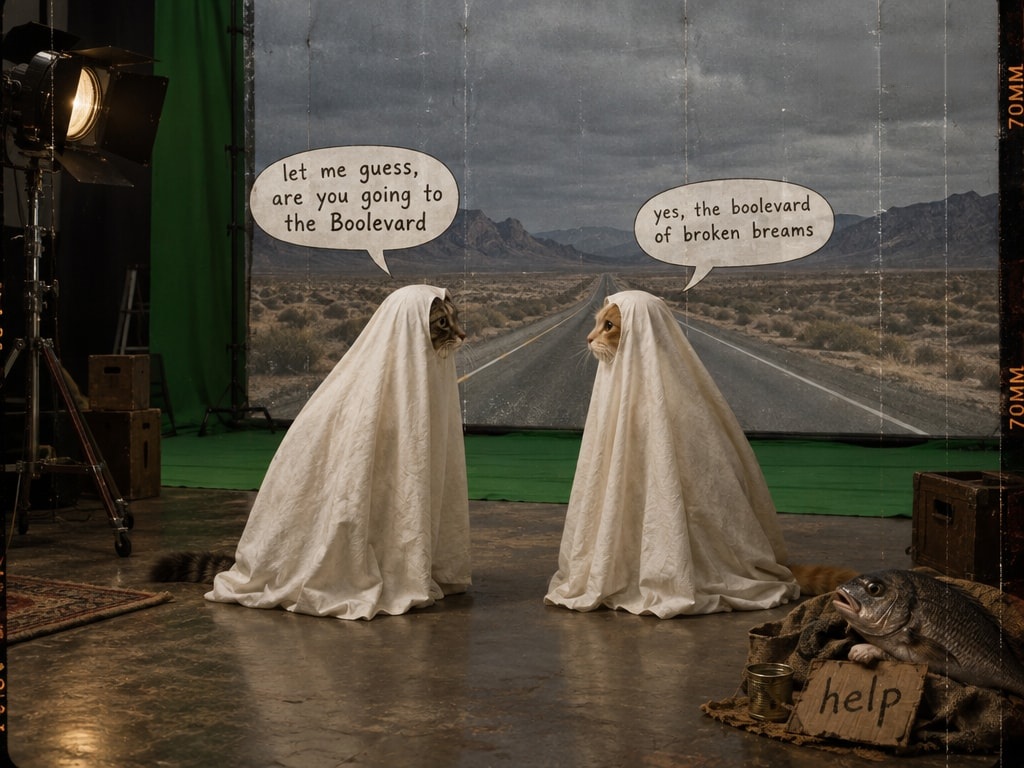 Two cats in white ghost sheets exchange a pun joke on a vintage film set with a desert highway backdrop.