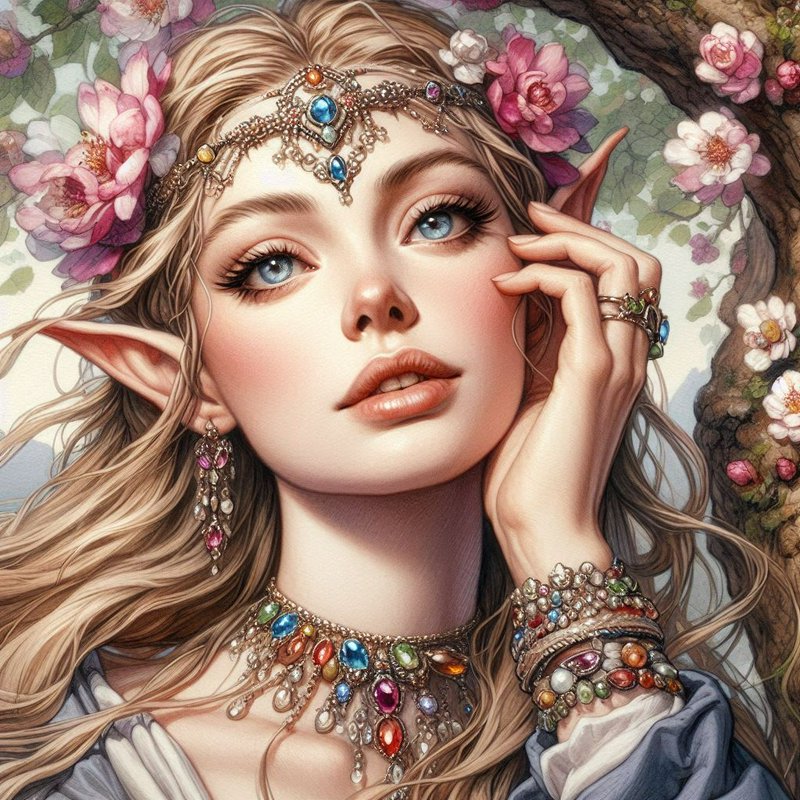 Elven woman with jeweled crown and ornate gemstones among pink flowers.