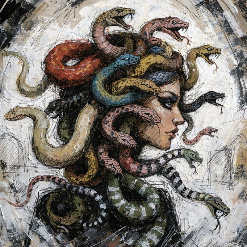 Medusa-inspired portrait with colorful snakes tangled in hair