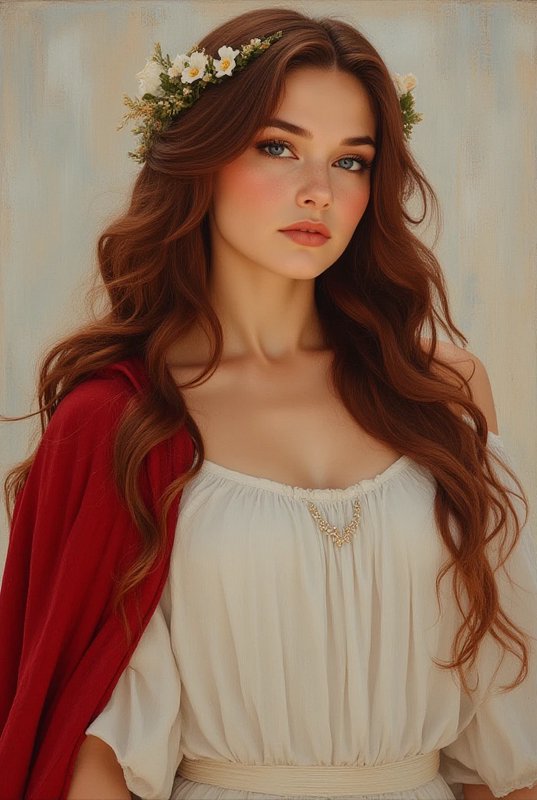 Young woman with long wavy auburn hair wearing a flower crown and a white peasant blouse.