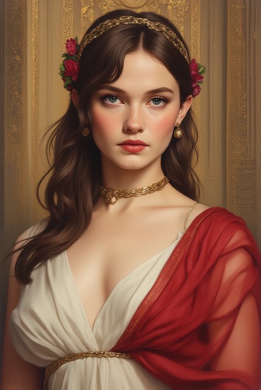 Portrait of a young woman in classical attire with a floral headband and gold jewelry.