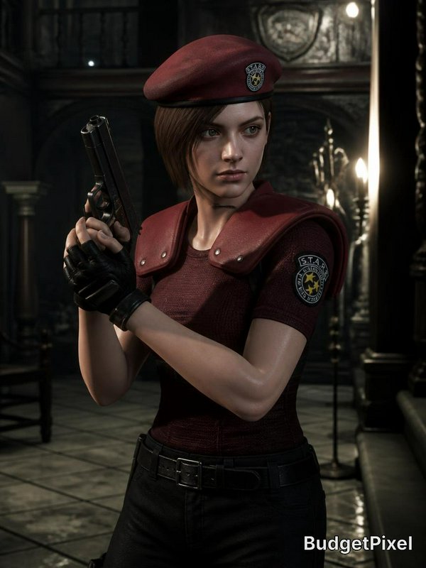 Female armed officer in a burgundy uniform and beret aiming a handgun in a dim, ornate room.
