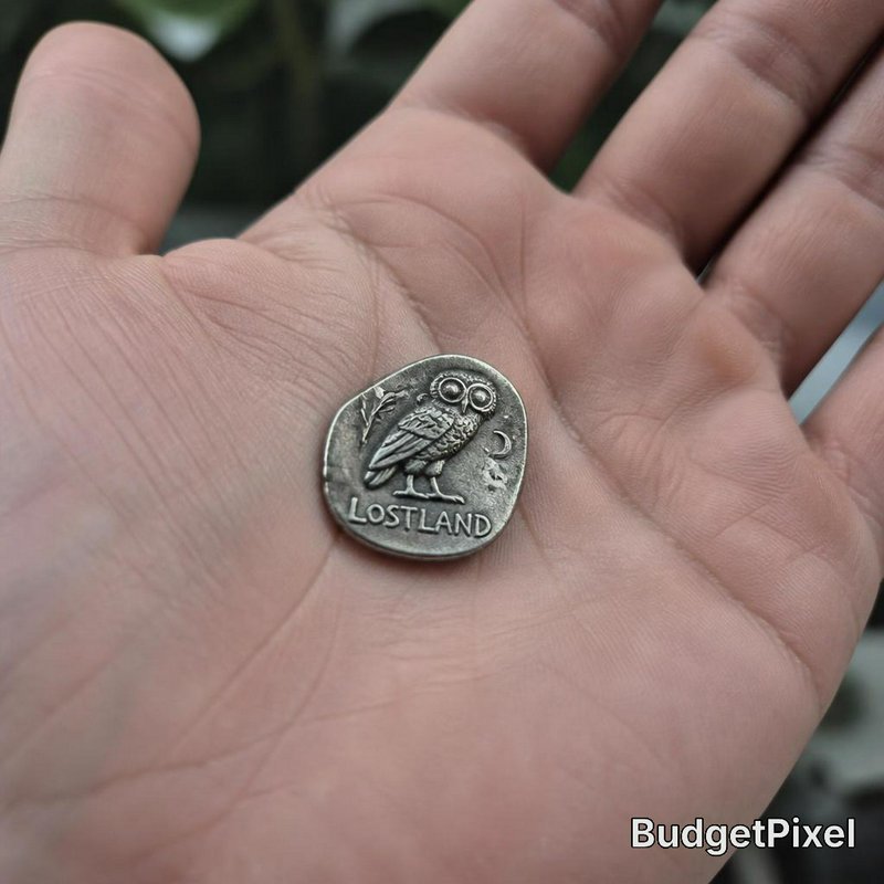 Small metal coin with an owl engraving and the word LOSTLAND held in a palm.