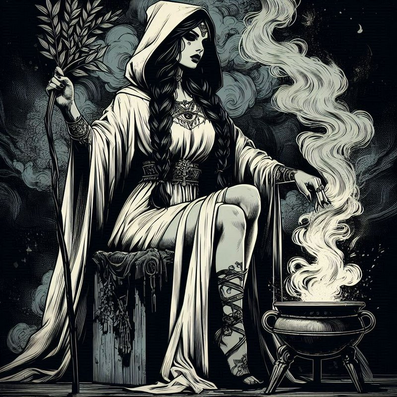 Mystical hooded woman with a staff sits beside a smoldering cauldron in a detailed black-and-white fantasy illustration.