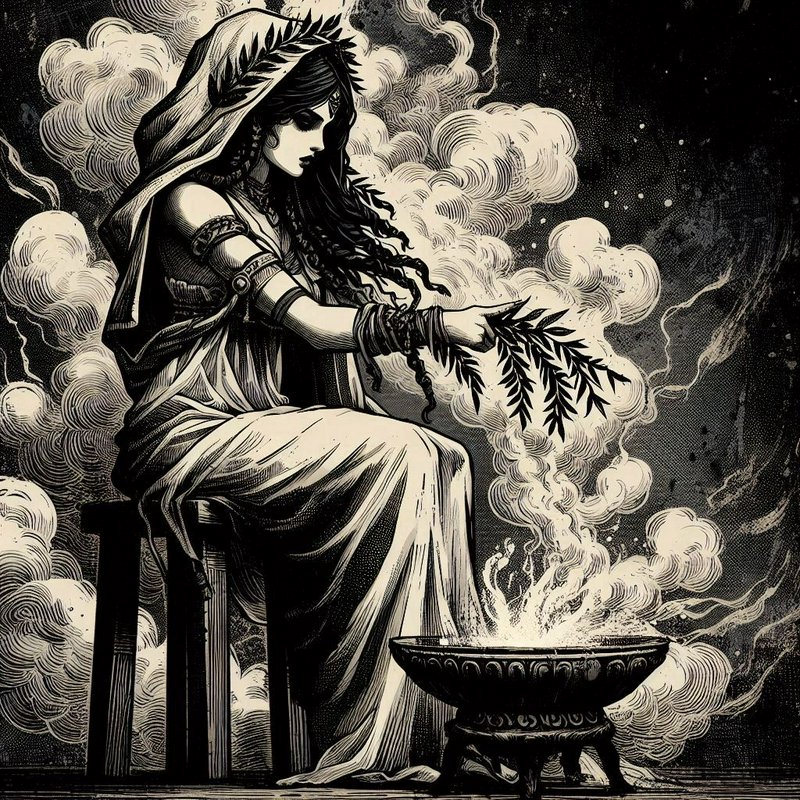 Ancient goddess figure in flowing robes seated beside a lit brazier, gathering olive branches.