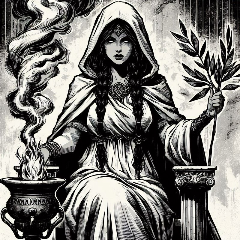 Black-and-white illustration of a hooded woman with braids, holding a plant and sitting beside a steaming cauldron.