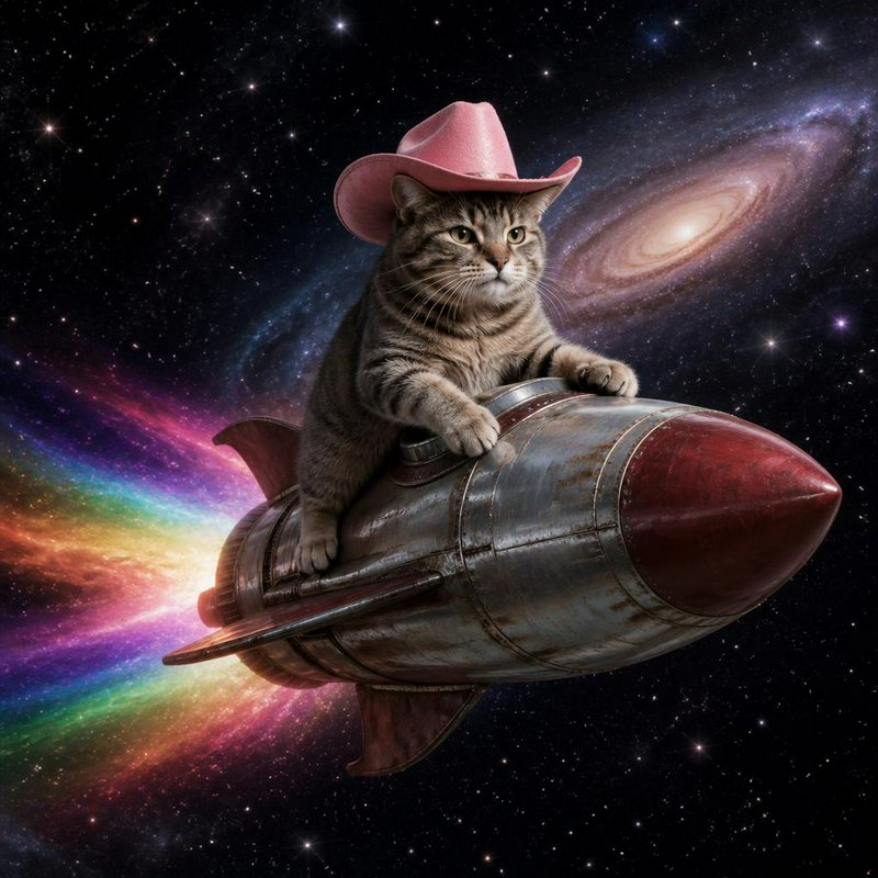 Cat in a pink cowboy hat riding a rocket through colorful space.