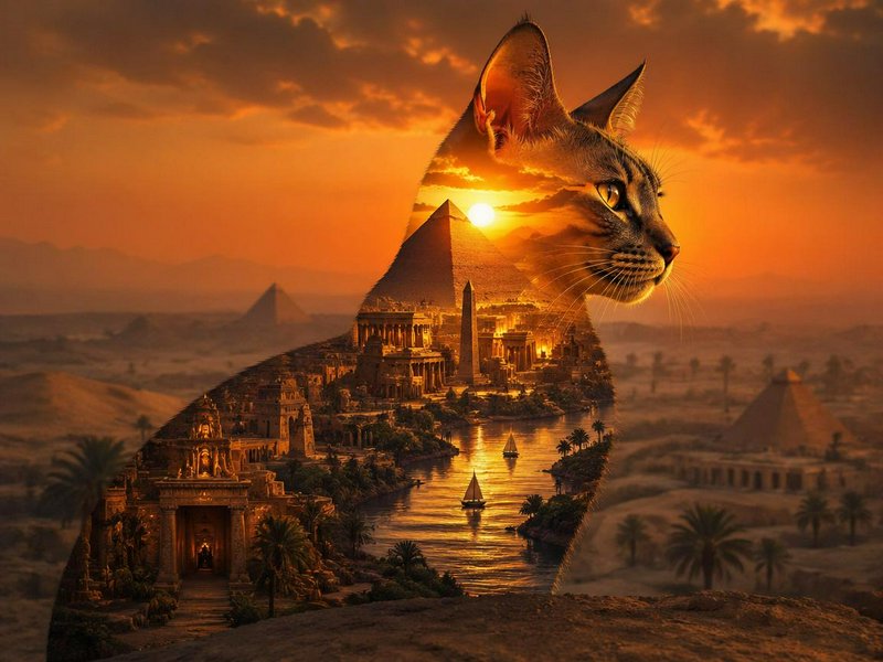 Double exposure of a cat silhouette over pyramids and an Egyptian desert at sunset