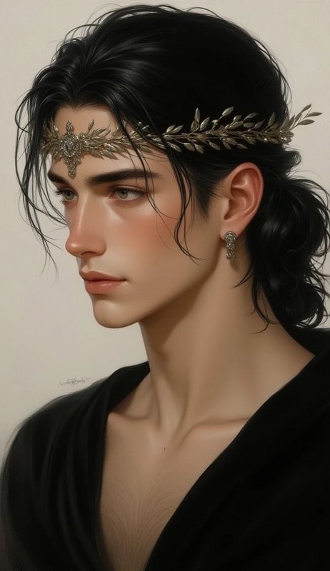 Portrait of an androgynous figure wearing a silver laurel headpiece and matching earring.