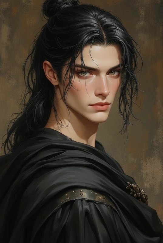 Portrait of a dark-haired woman in a black cloak with intense, moody gaze