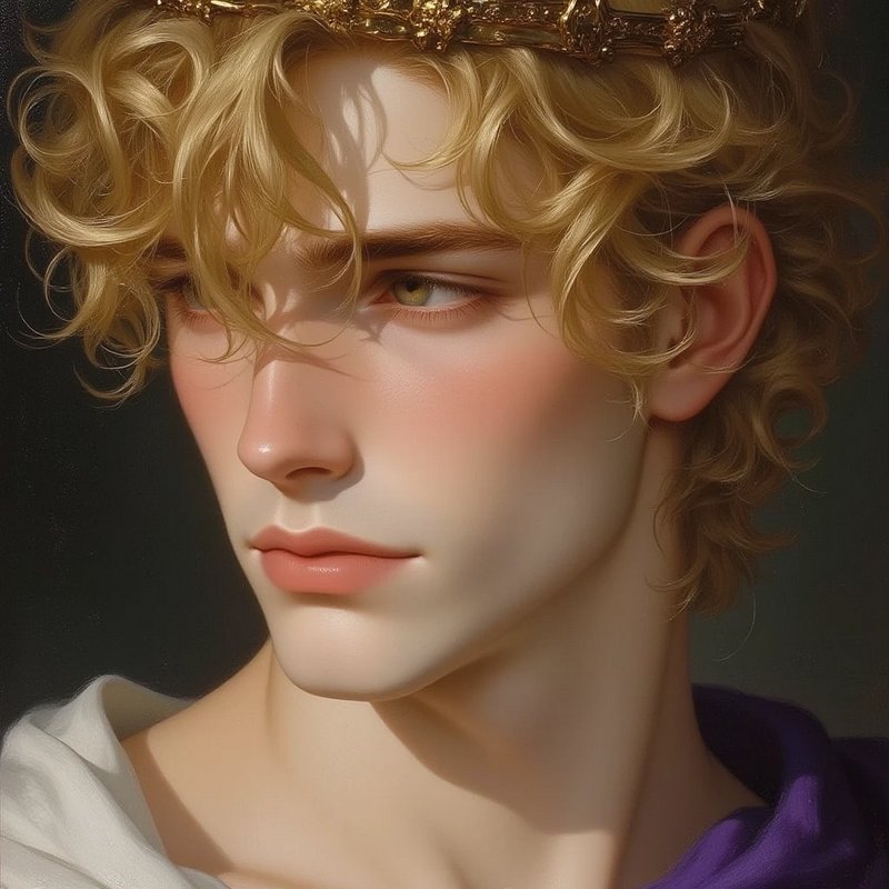 Portrait of a pale-skinned, blond-haired person with a gold crown and curling hair in soft light