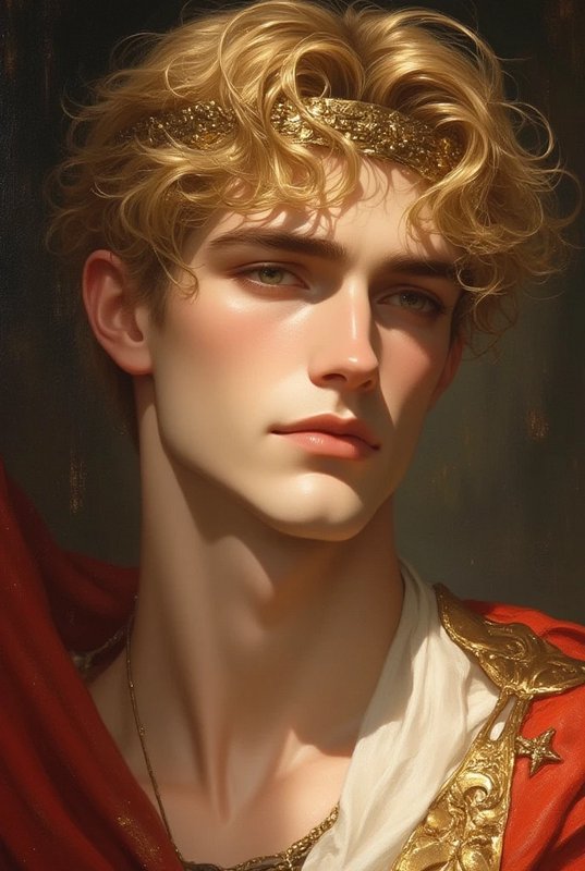 Young man with wavy blond hair wearing a gold laurel headband and red toga.
