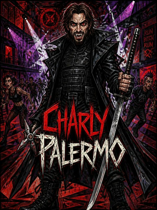 Dark fantasy action poster featuring a menacing swordsman in a black coat with a gleaming blade and red eyes.