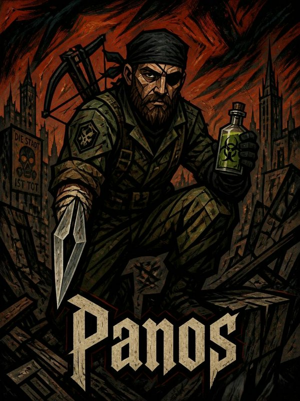 Bearded survivor in tactical gear crouching amid ruins, gripping a dagger and a biohazard bottle.