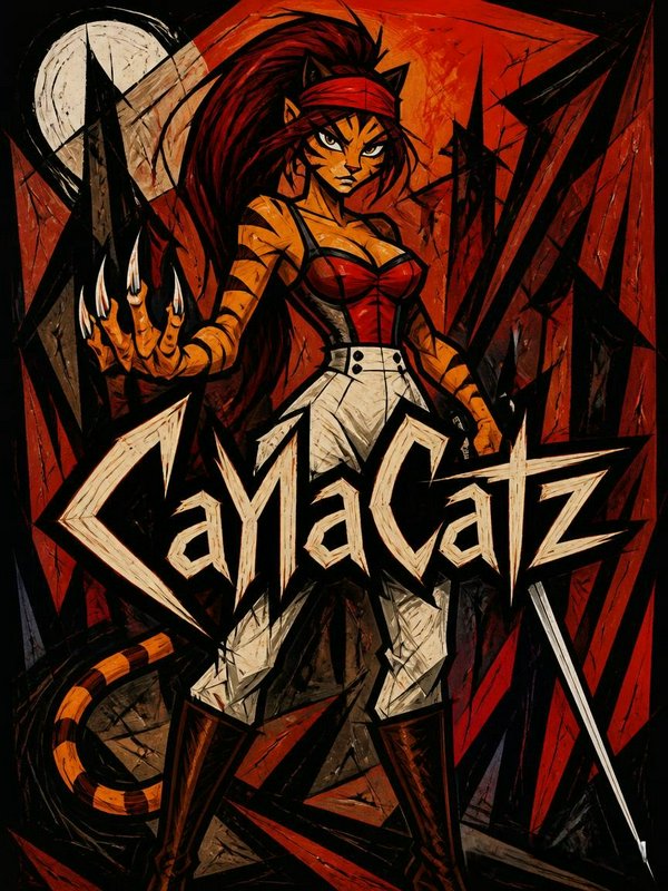 Fierce female werecat in a red corset and white pants with extended claws, dramatic jagged background and "CamaCatZ" logo.
