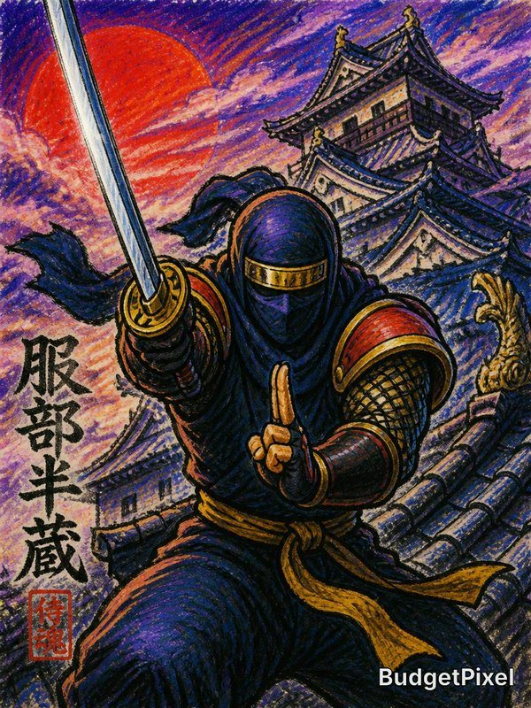 Armored ninja with sword in front of a traditional Japanese castle at sunset