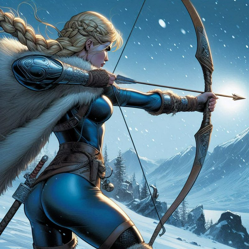 Female fantasy archer drawing an ornate bow in a snowy mountain landscape with fur cloak and braided hair.