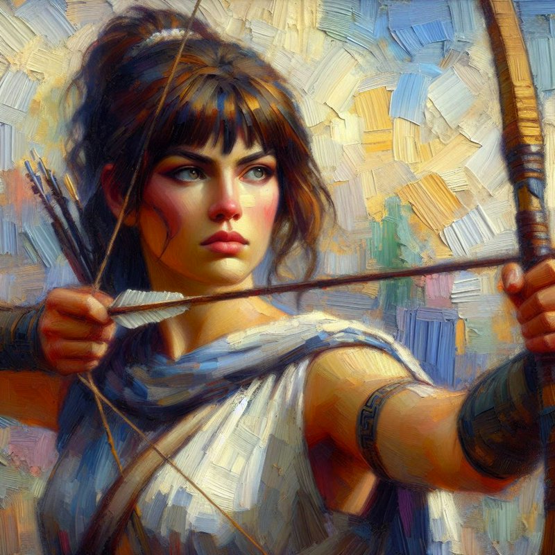 Portrait of a young woman archer drawing a bow, set against a textured painterly background.