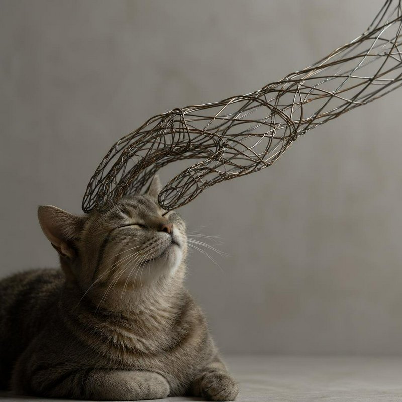 Gray tabby cat with a tangled wire sculpture arcing near its head.