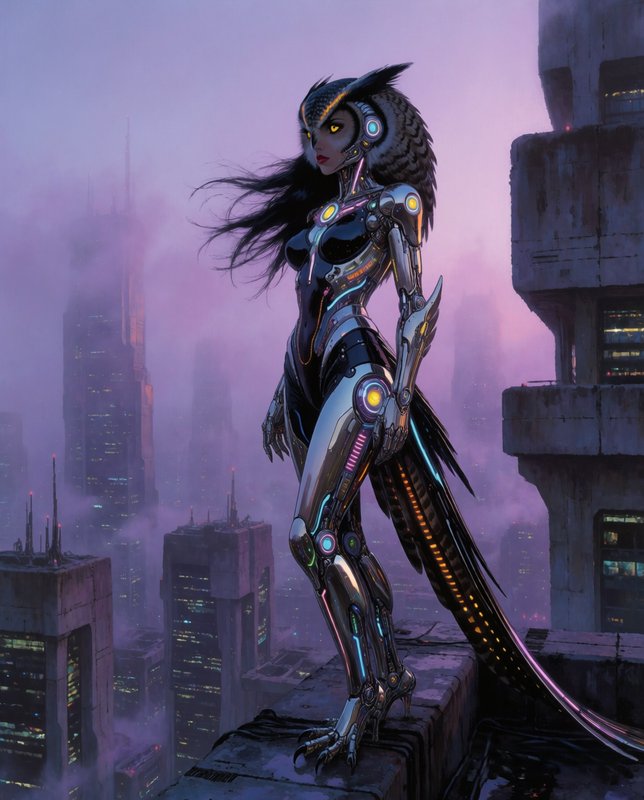 Futuristic cybernetic humanoid dragon-owl standing on a skyscraper overlooking a neon city.