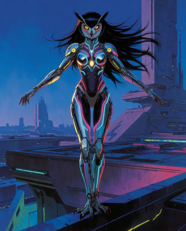 Futuristic owl-headed cyborg woman in neon-lit armor standing on a rooftop at dusk.