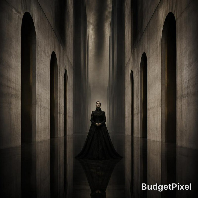 A woman in a long black gown stands in a gothic corridor with tall archways and a reflective floor.