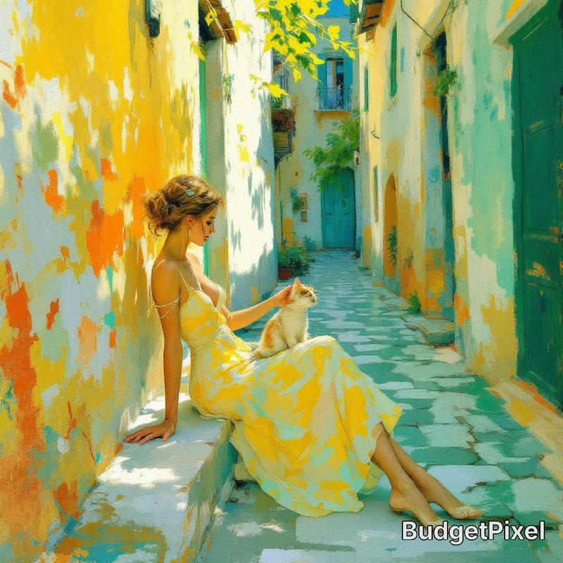 Woman in a yellow dress sits on a sunlit pastel alley wall, gently petting a cat.
